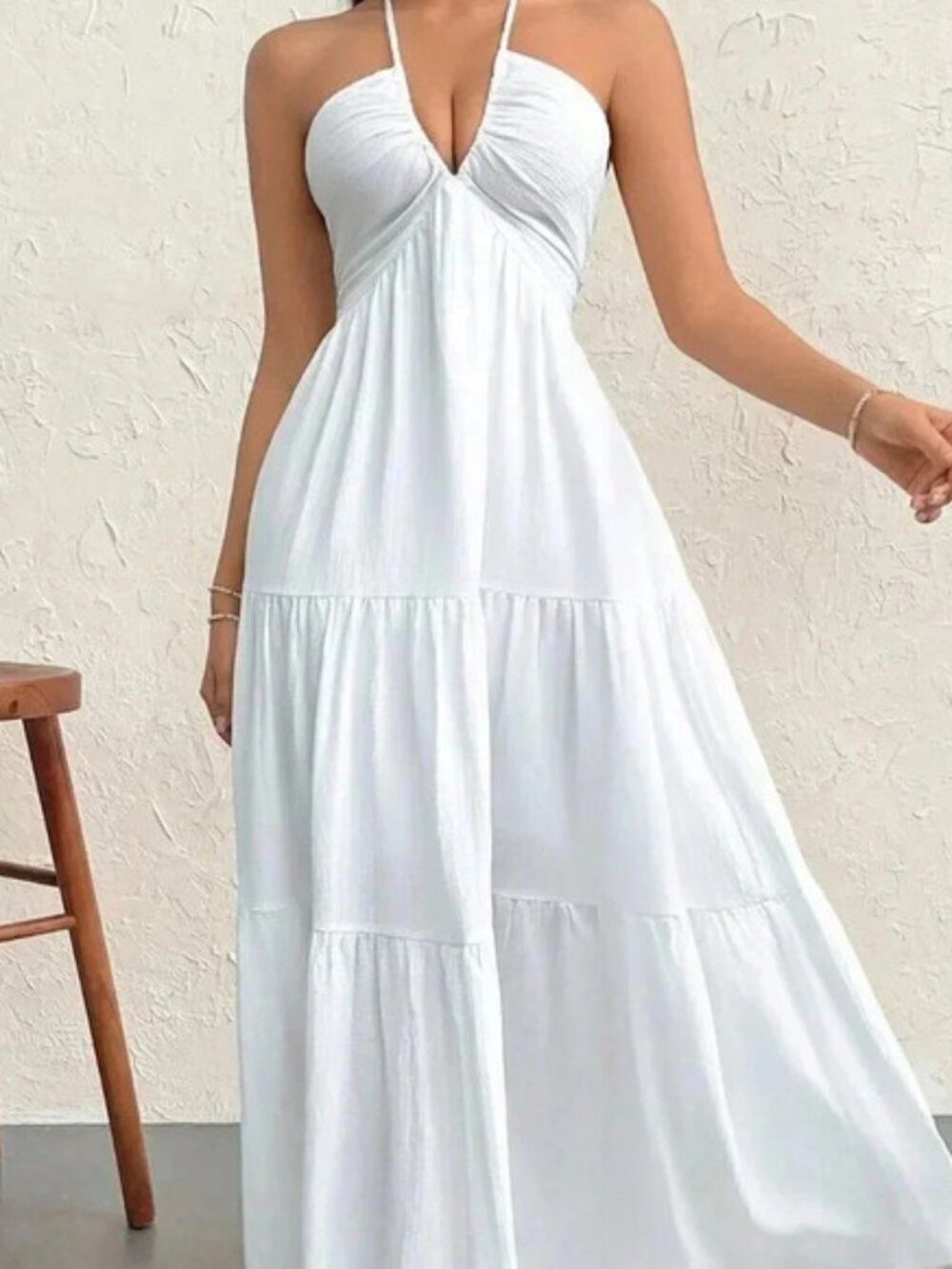 White Sexy Women's Crepe Halter Neck Tie Backless Maxi Dress